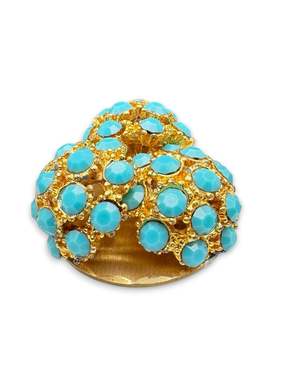 Vintage Refurbished A&Z Gold Filled Turquoise Blue Rhinestone Button Brooch